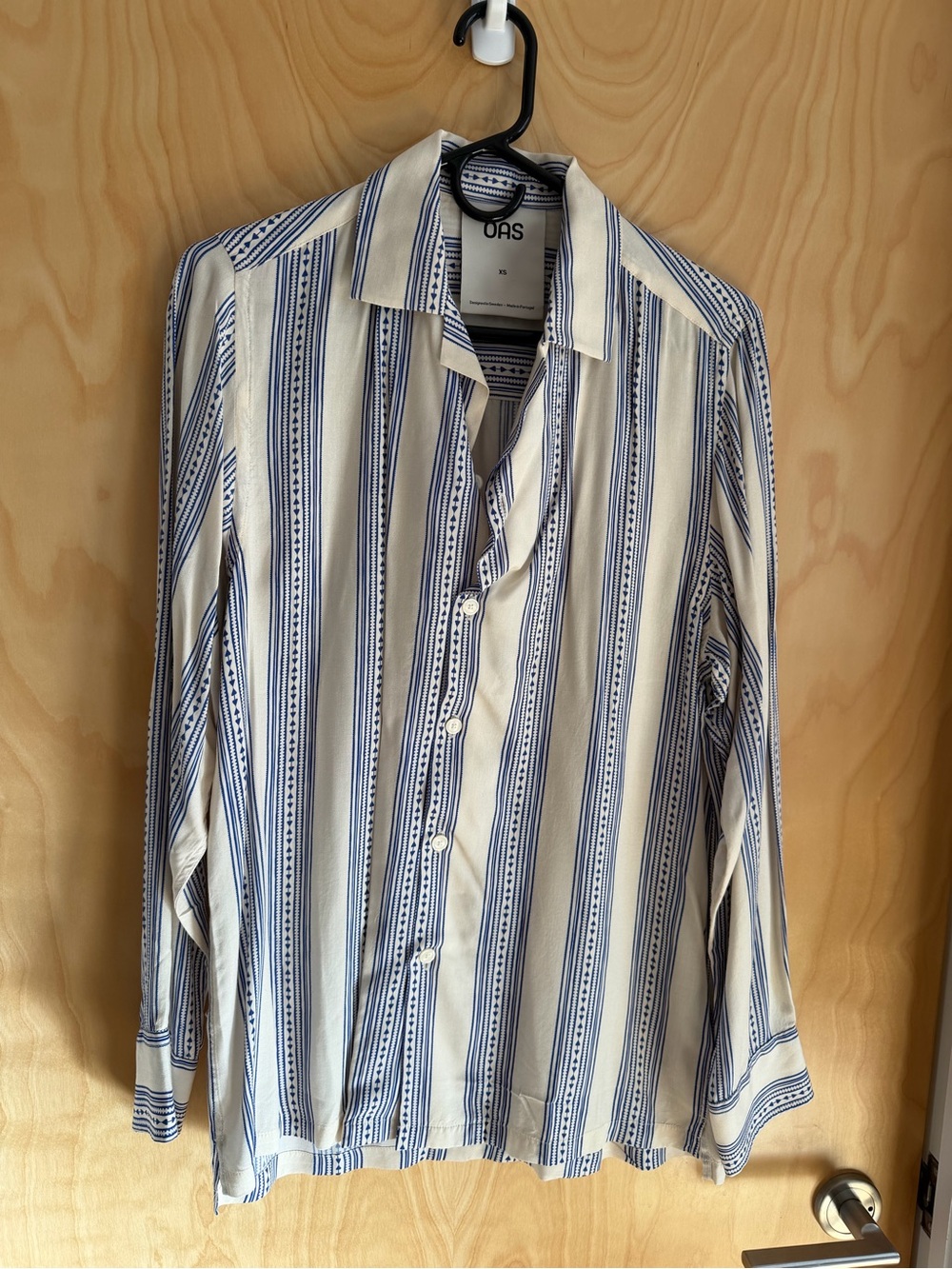 OAS Cream and Blue Vertical Stripe Button-Down Shirt